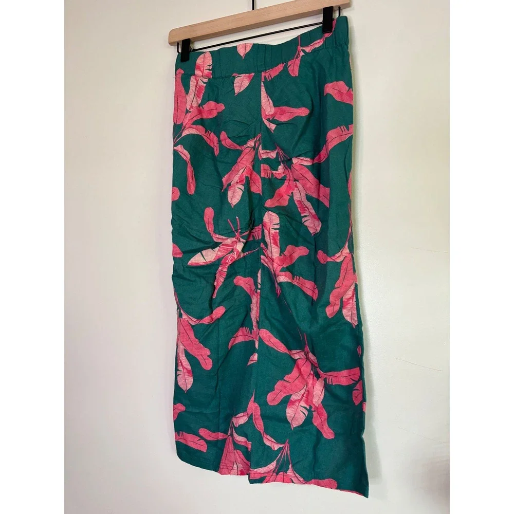Colleen Lopez XS Skirt Green Pink Leaf Print Button Front Midi Ruched - Picture 5 of 7